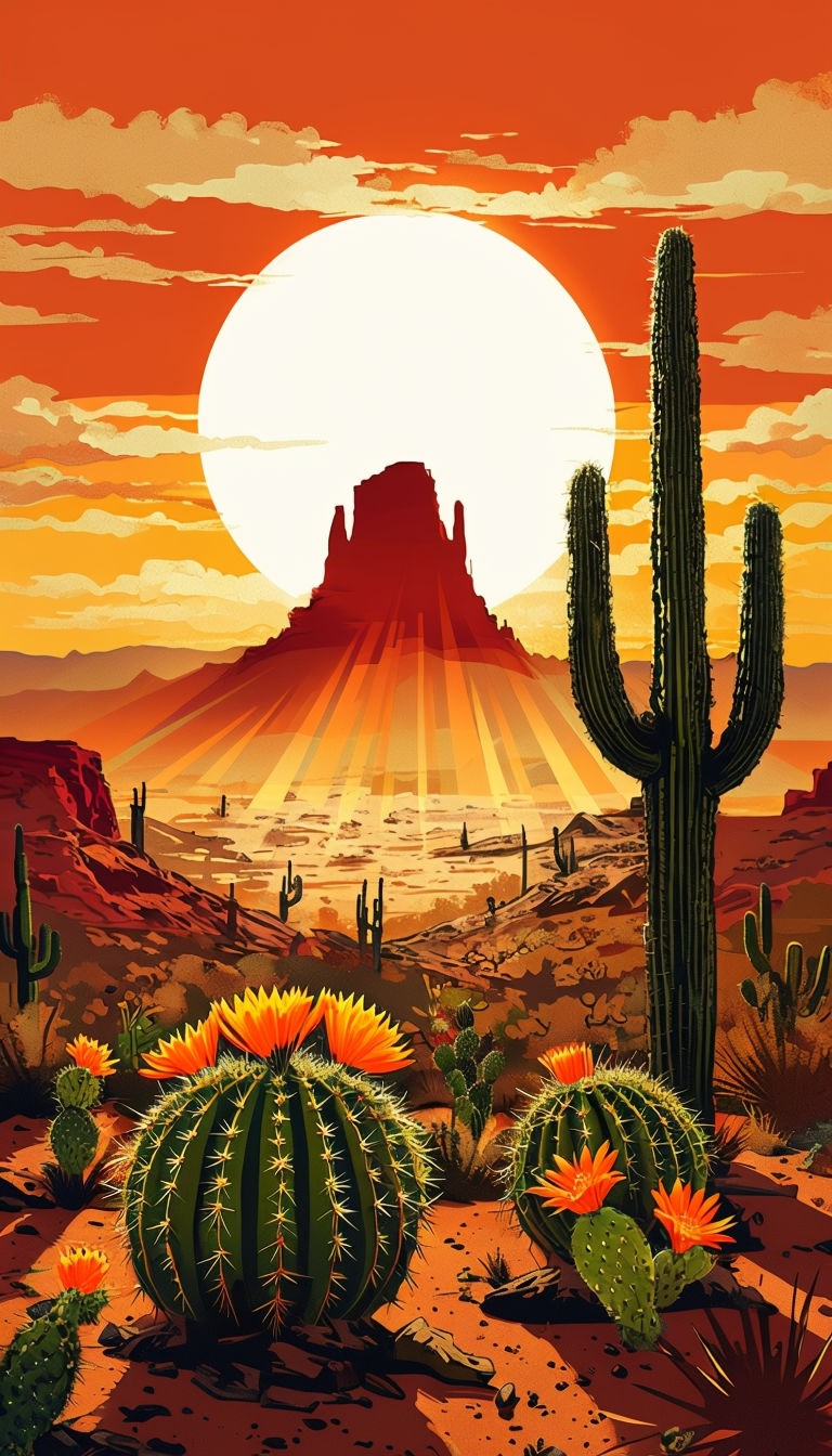 Vibrant Desert Sunset with Cacti and Mountain Peak Art