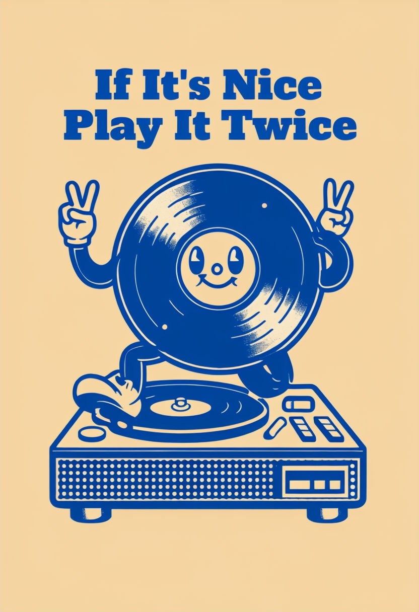 Playful 'If it's Nice Play It Twice' Retro Vinyl Record Character with Vintage Text Poster