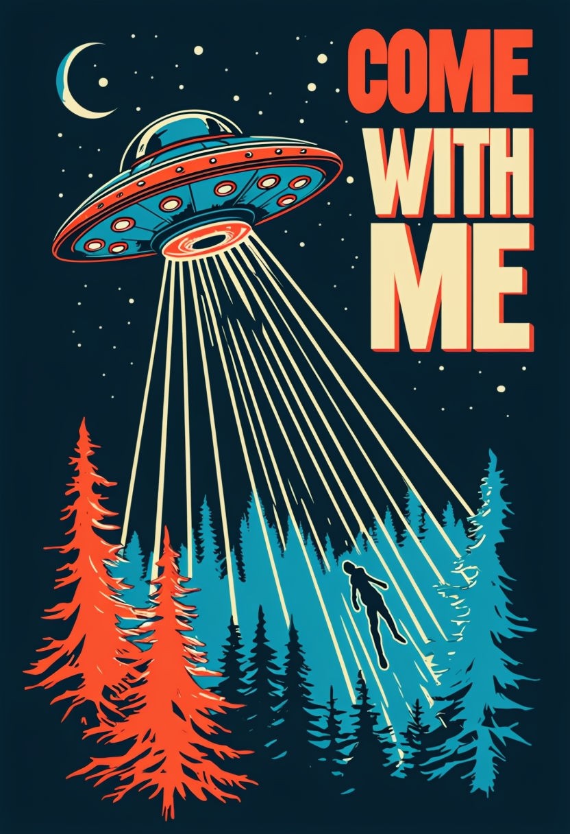 Retro UFO Abduction Forest Illustration with Bold 'Come With Me' Text Poster