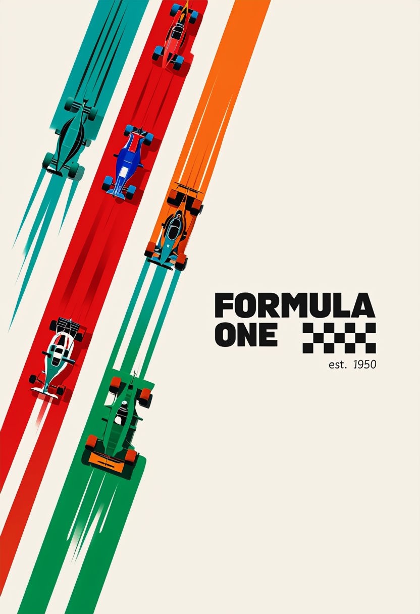 Vibrant Minimalist Formula One Racing Poster with Dynamic Colorful Cars