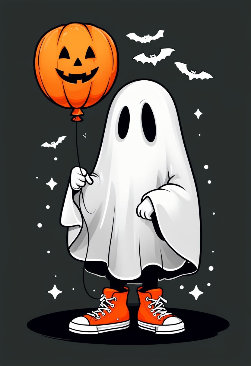 Whimsical Halloween Ghost with Pumpkin Balloon