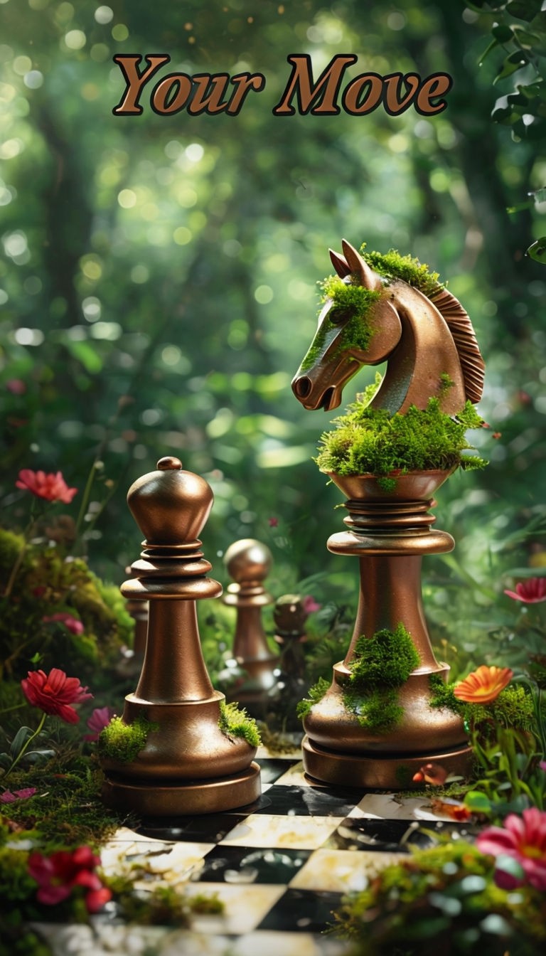 Surreal Whimsical Chess Pieces in Nature Oil Painting Poster