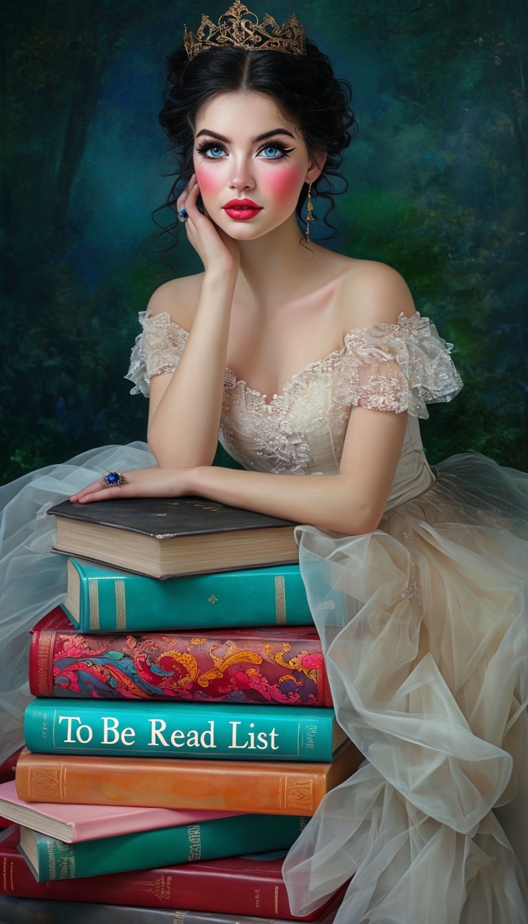 Romantic Young Woman Seated on Colorful Books Portrait Art