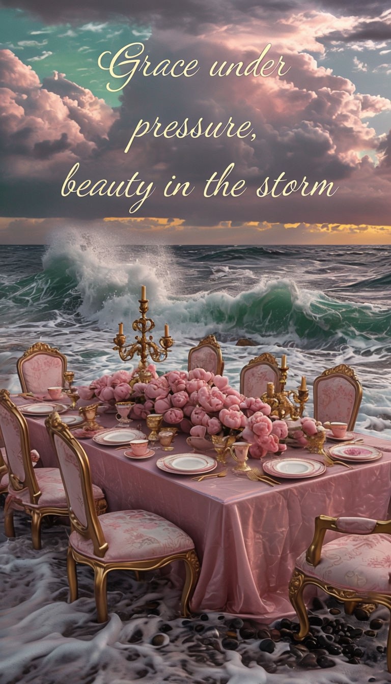 Elegant Beach Dining Sunset Scene with Inspirational Quote Art