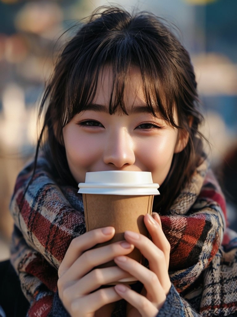 Cozy Asian Woman Holding Coffee Cup Close-Up Art