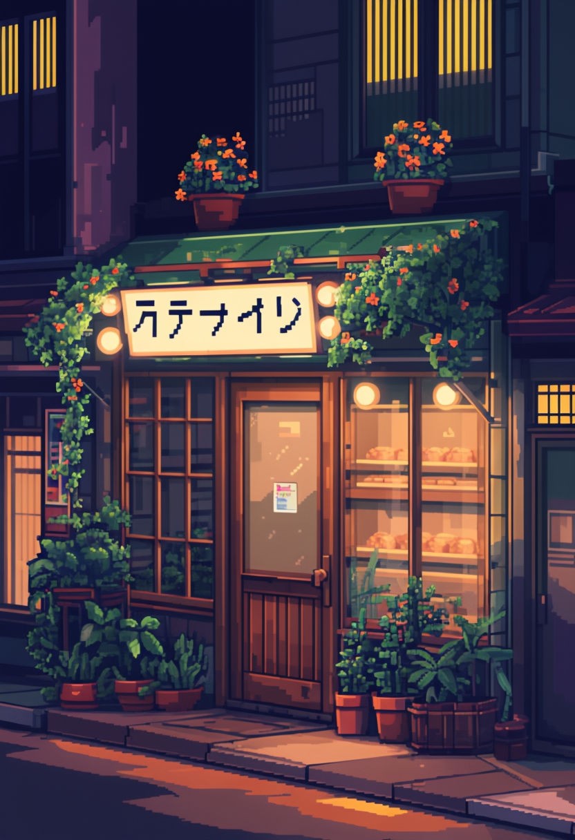 Cozy Pixel Art Bakery Storefront at Night Illustration Poster