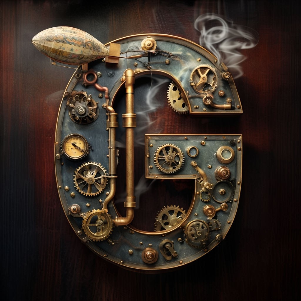 Intricate Steampunk G Monogram with Gears and Airship Art