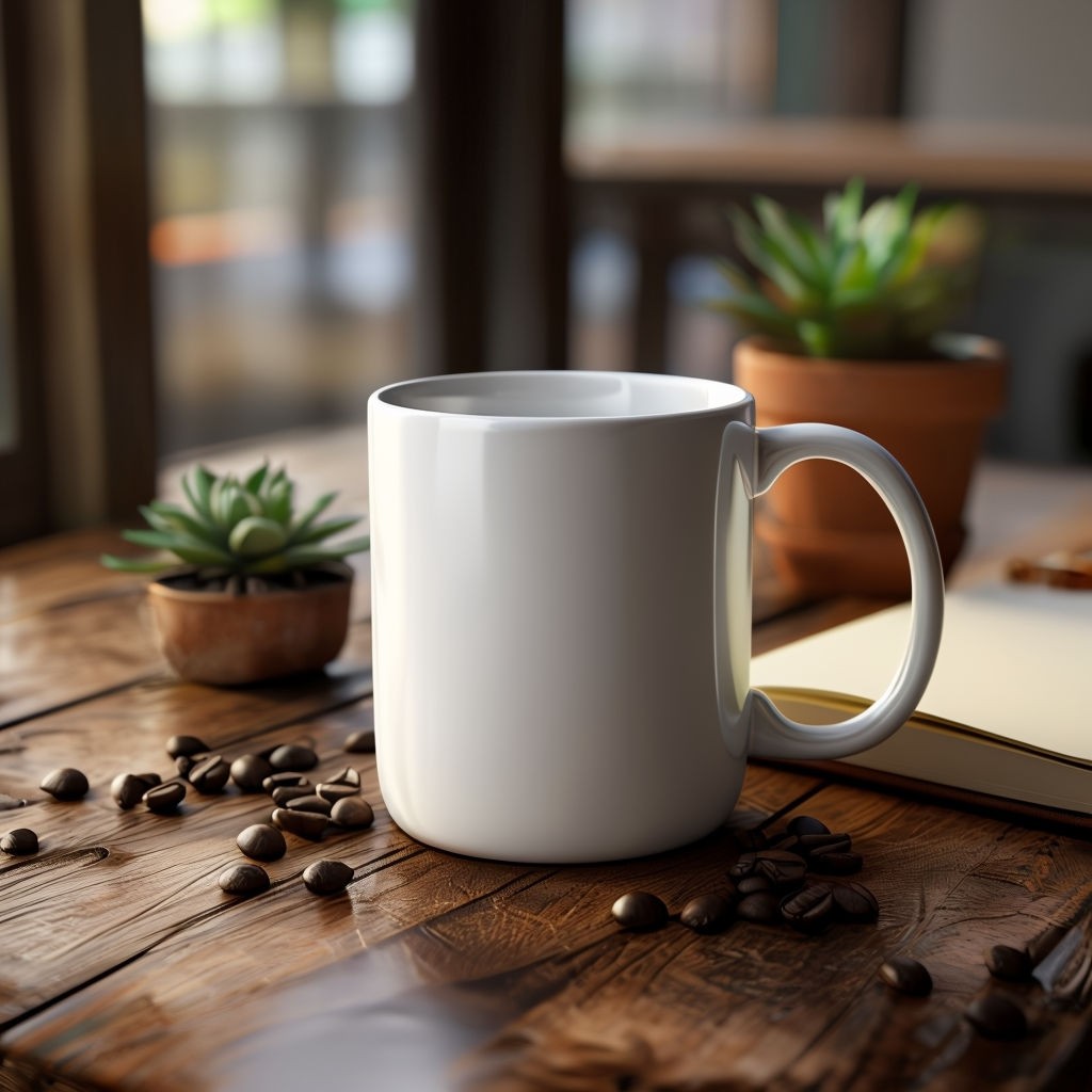 Sleek White Ceramic Coffee Mug Mockup on Rustic Table