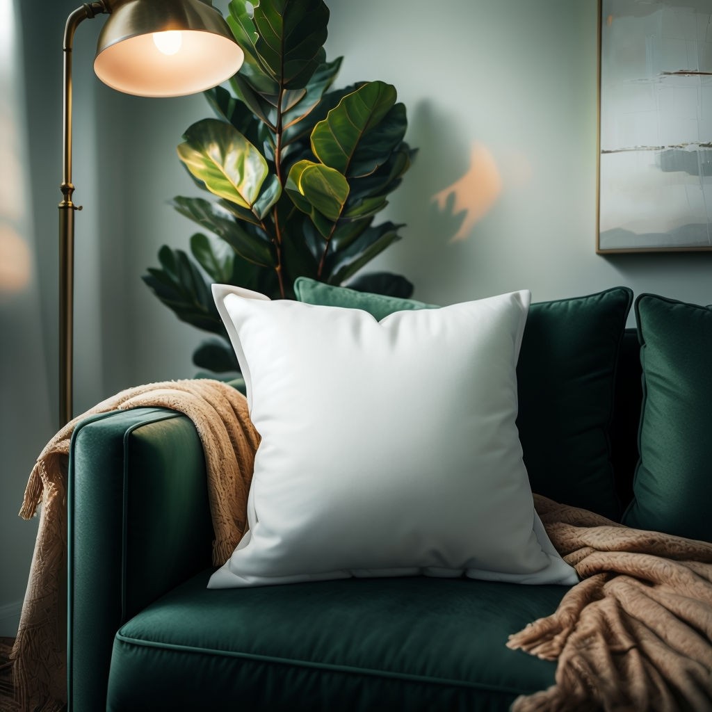 Cozy Living Room Throw Pillow Mockup with Green Velvet Sofa