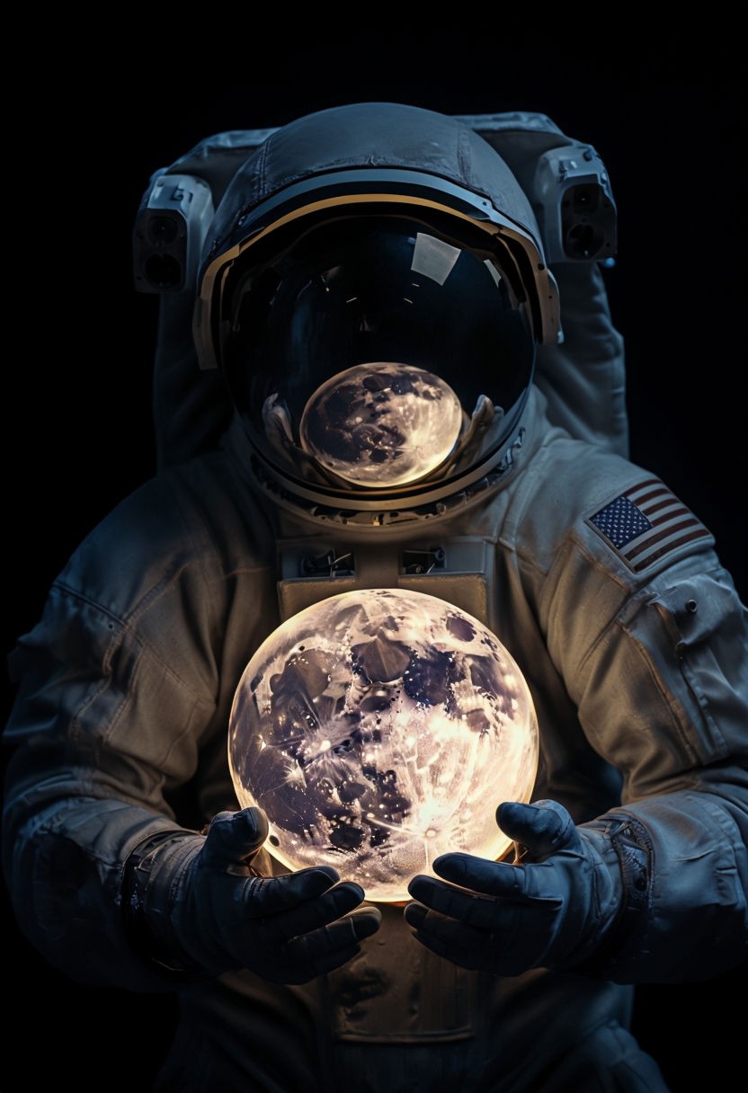 Surreal Astronaut Holding Illuminated Moon Sphere Art Poster