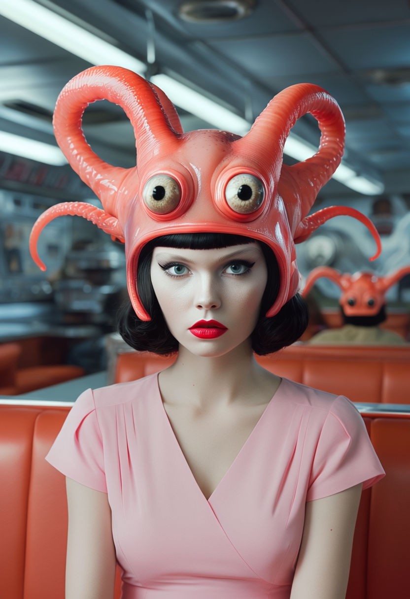 Surreal Alien Helmet Fashion Photograph Featuring 1960s Inspired Woman Art