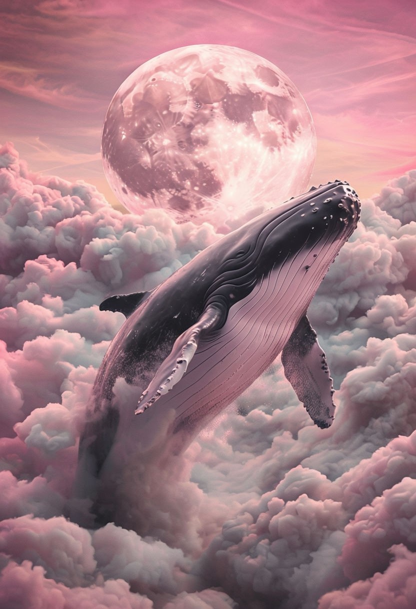 Majestic Whale Breaching Through Dreamy Clouds and Pink Moon Art