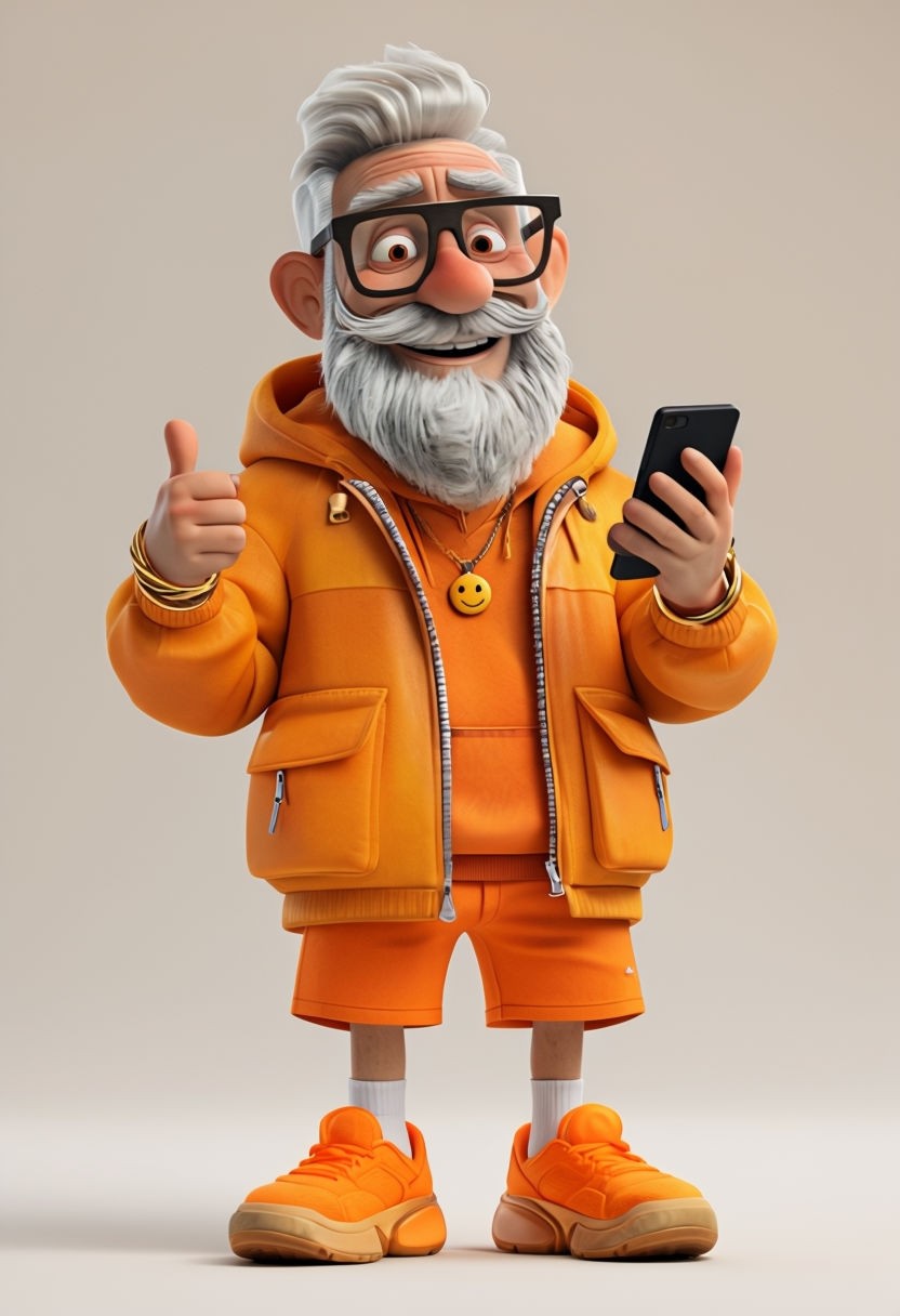 Cheerful Elderly Man Character with Smartphone Illustration Art