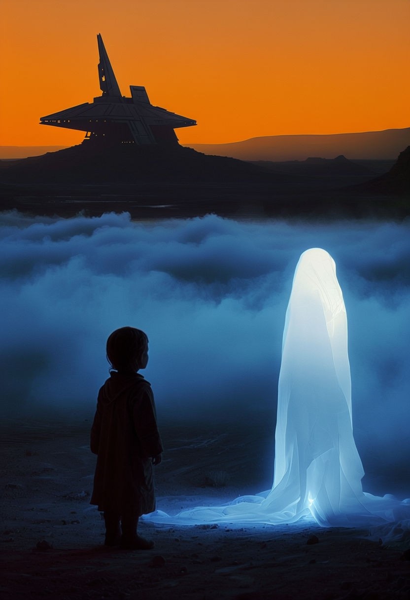 Eerie Cinematic Alien Landscape with Child Silhouette and Glowing Figure Art