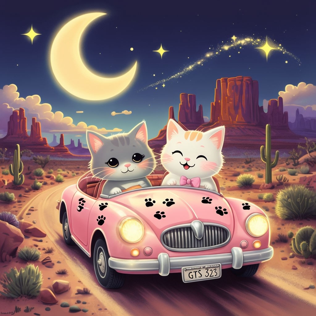 Adorable Cats Driving Vintage Car Under Starry Desert Night Art