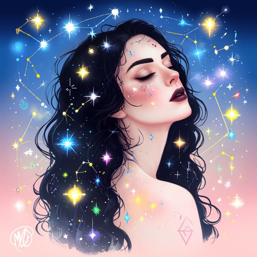 Ethereal Cosmic Woman Portrait with Stars and Constellations Art