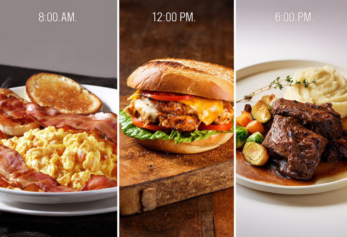 Vertical Food Collage Showcasing Breakfast, Lunch, and Dinner Poster