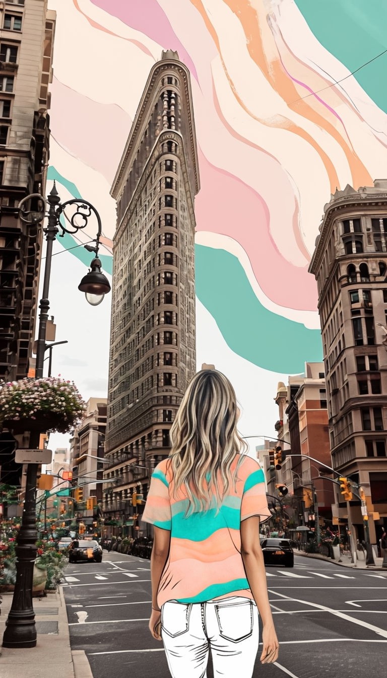 Urban Flatiron Building Scene with Pastel Striped T-shirt Drawing Poster