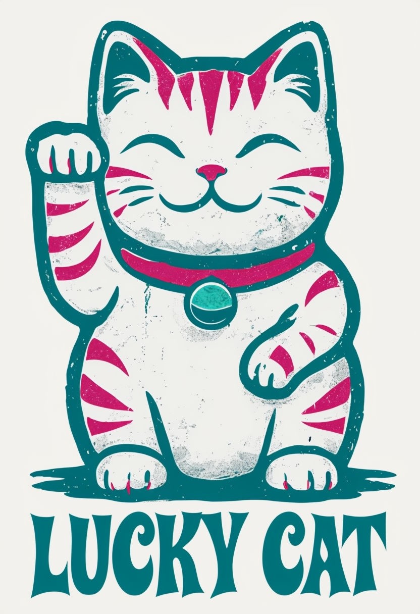 Whimsical Maneki-neko Lucky Cat Illustration