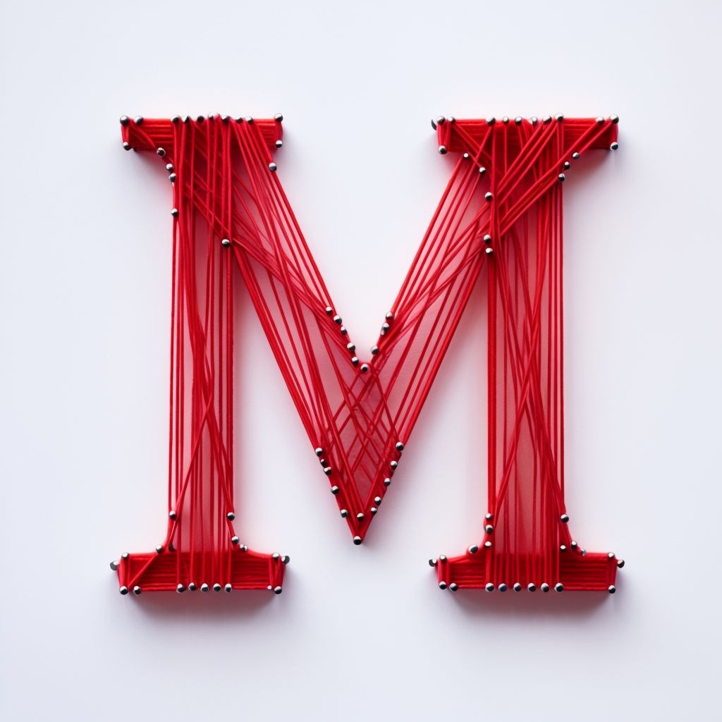 Vibrant Red String Art Monogram 'M' Design for Modern Craftsmanship Art