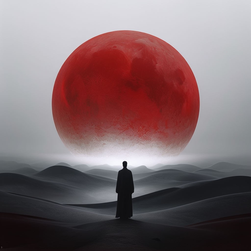 Surreal Minimalist Landscape with Red Moon Illustration Art