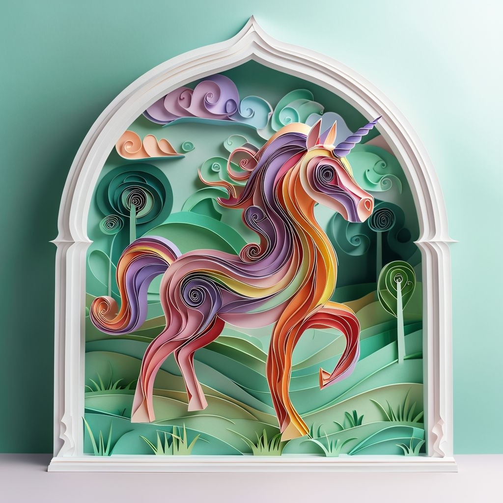 Whimsical 3D Quilled Unicorn in Colorful Landscape Art