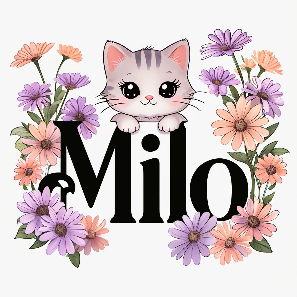 Cute Cartoon Kitten with Floral Elements and 'Milo' Text Art