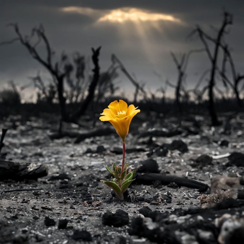 Resilient Yellow Flower Amidst Burnt Landscape Photograph