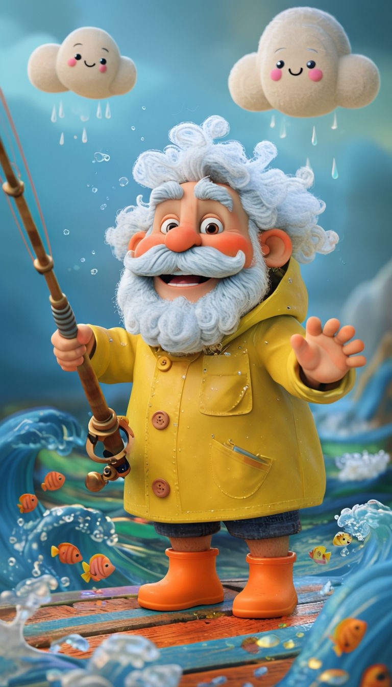 Charming 3D Fisherman on Colorful Pier Animation Art