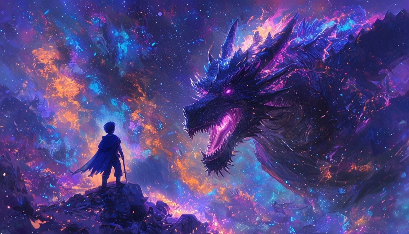 Epic Boy vs Dragon Fantasy Digital Art Poster