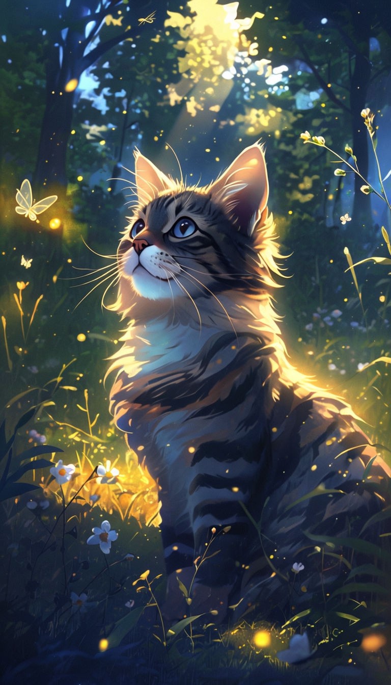 Majestic Tabby Cat in Serene Enchanted Forest Meadow Art