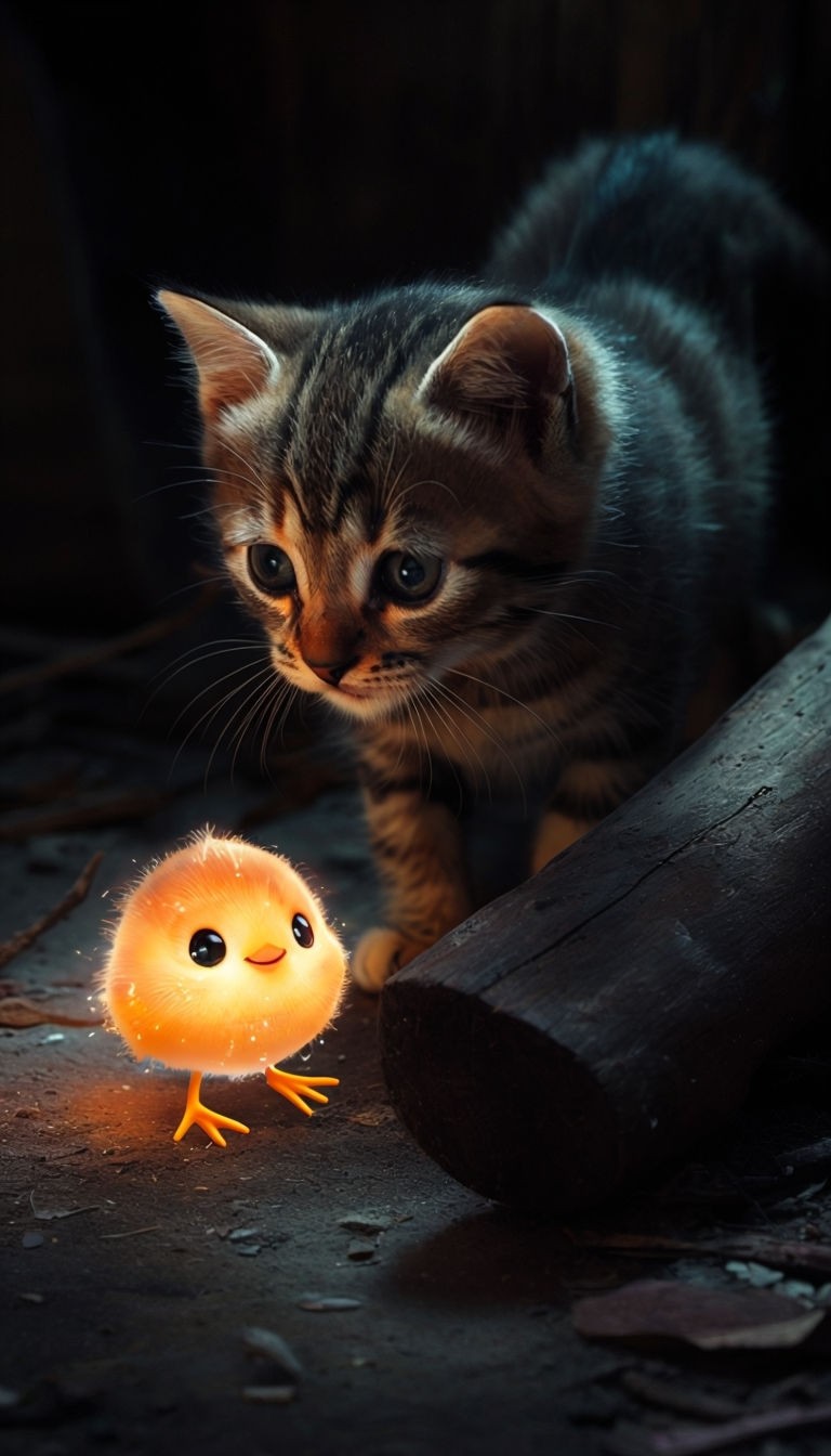 Curious Tabby Kitten and Glowing Chick Creature Photography Art