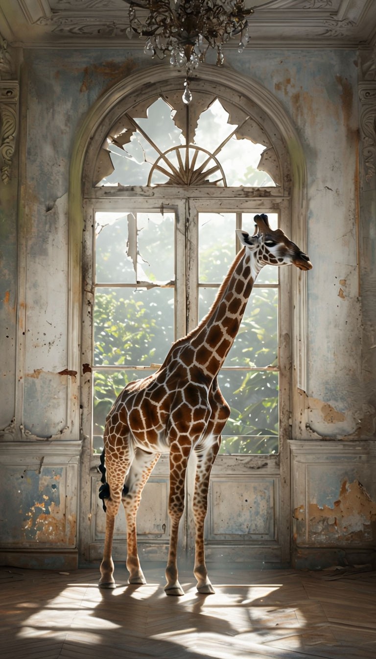 Serene Giraffe in Ornate Aged Room Photography Poster