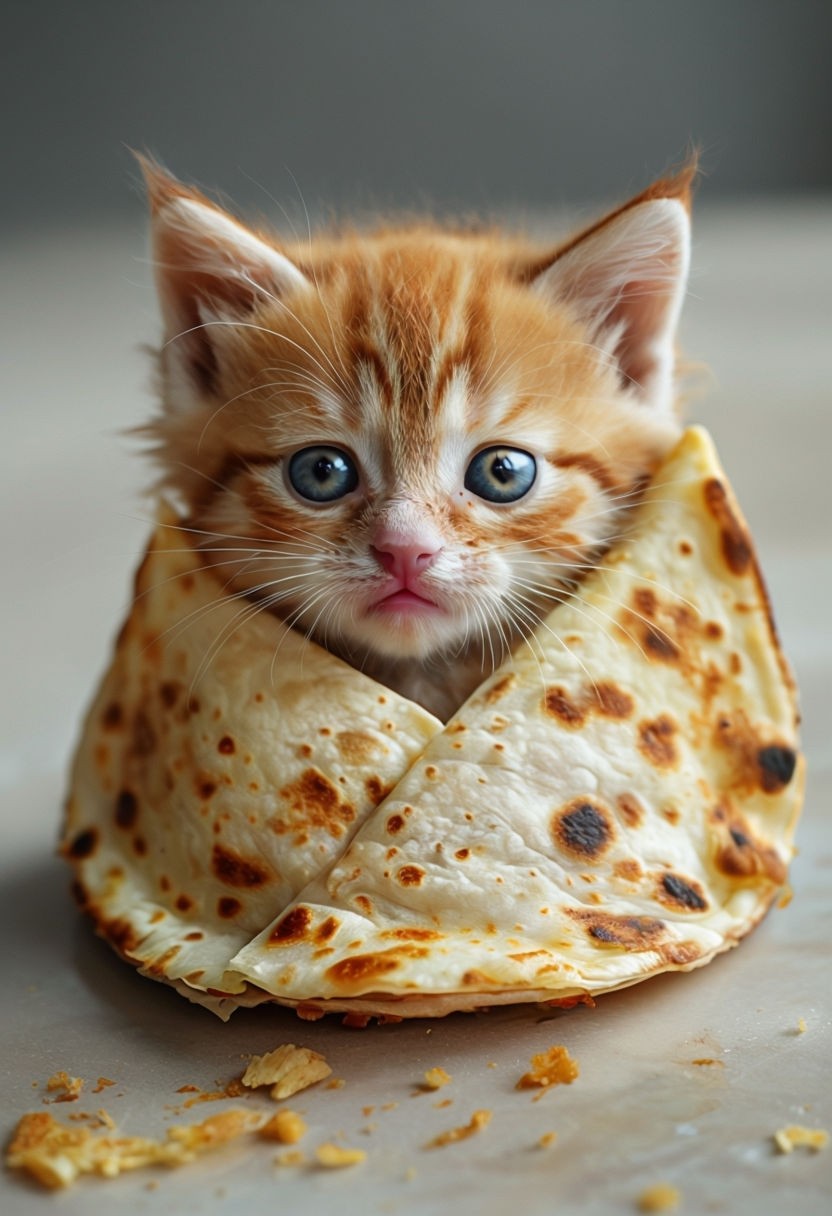 Adorable Orange Tabby Kitten Wrapped in Tortilla Quesadilla Art