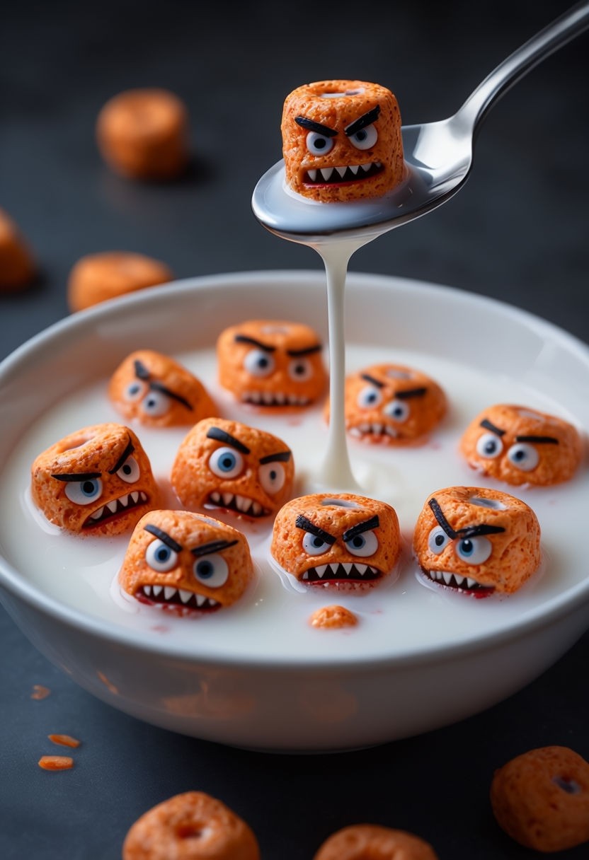 Playful Angry Face Cereal Bowl Close-Up Art