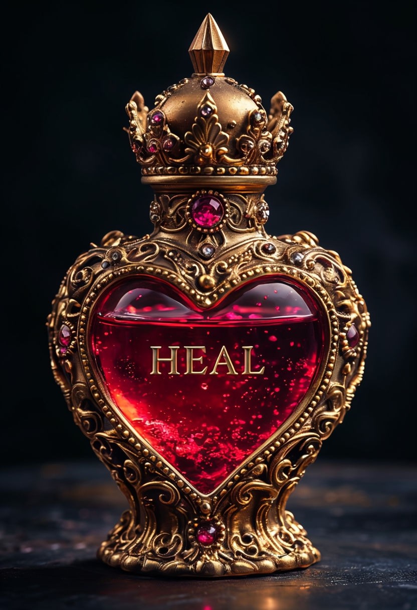 Ornate Golden Heart-Shaped Bottle with Glowing Red Liquid Art