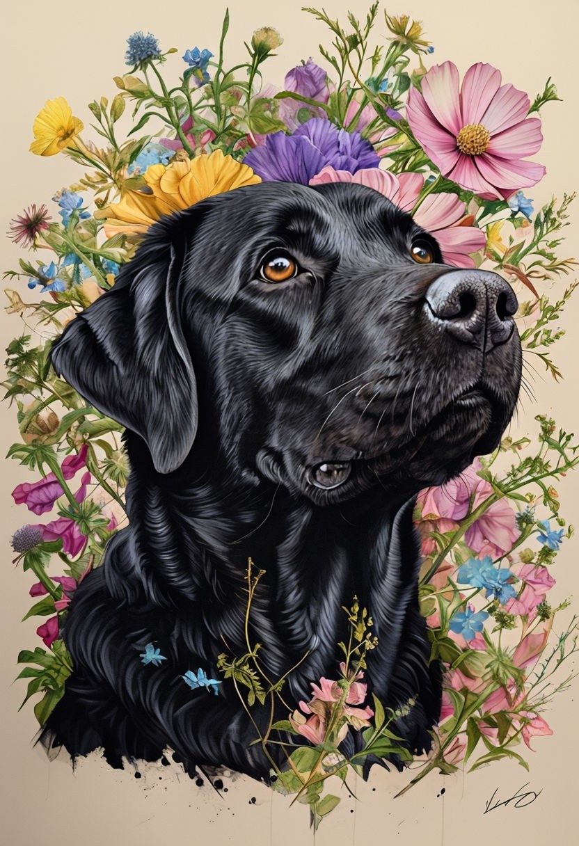 Black Labrador Retriever Surrounded by Colorful Flowers Art