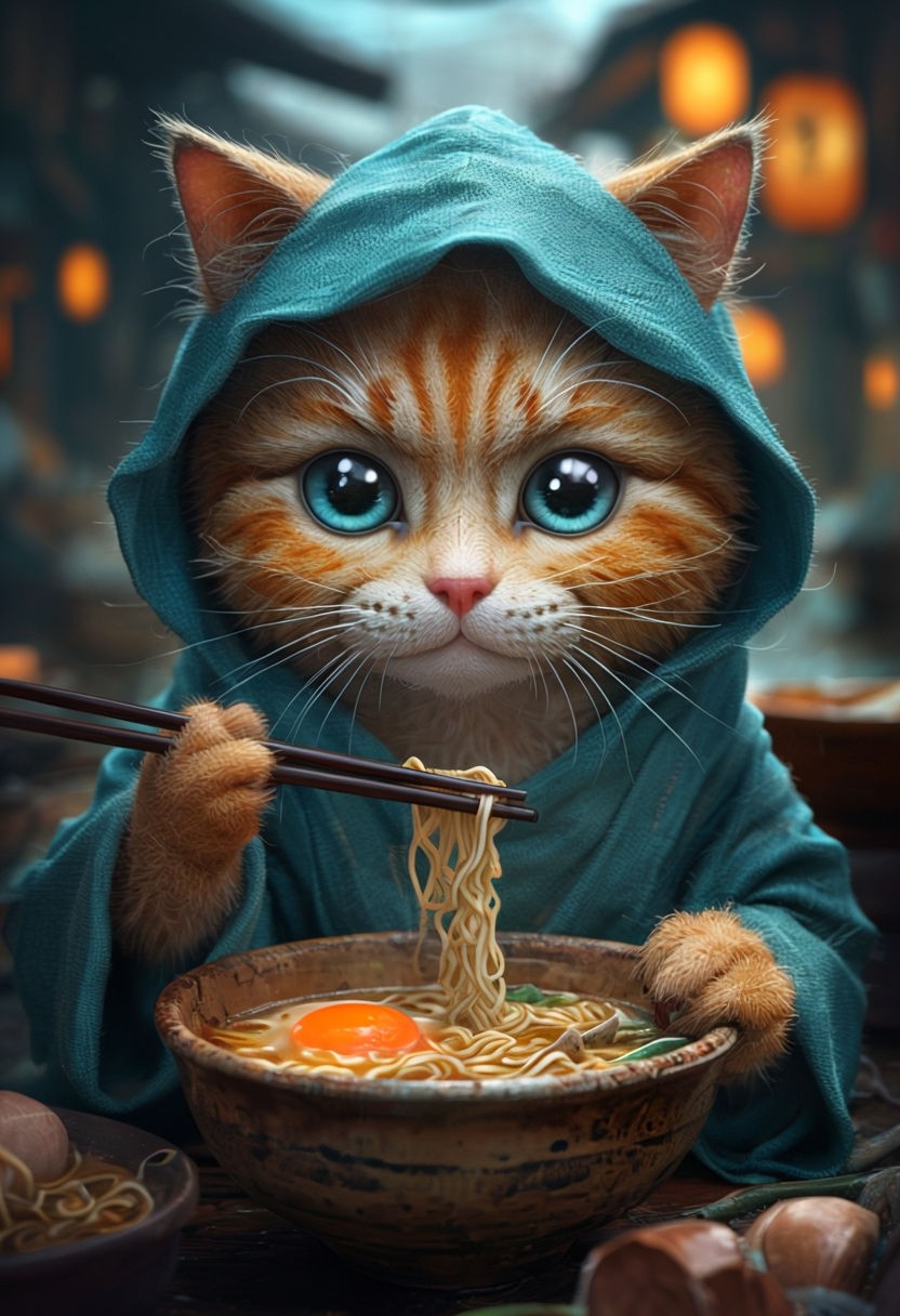 Whimsical Ginger Cat Enjoying Ramen Digital Art Illustration