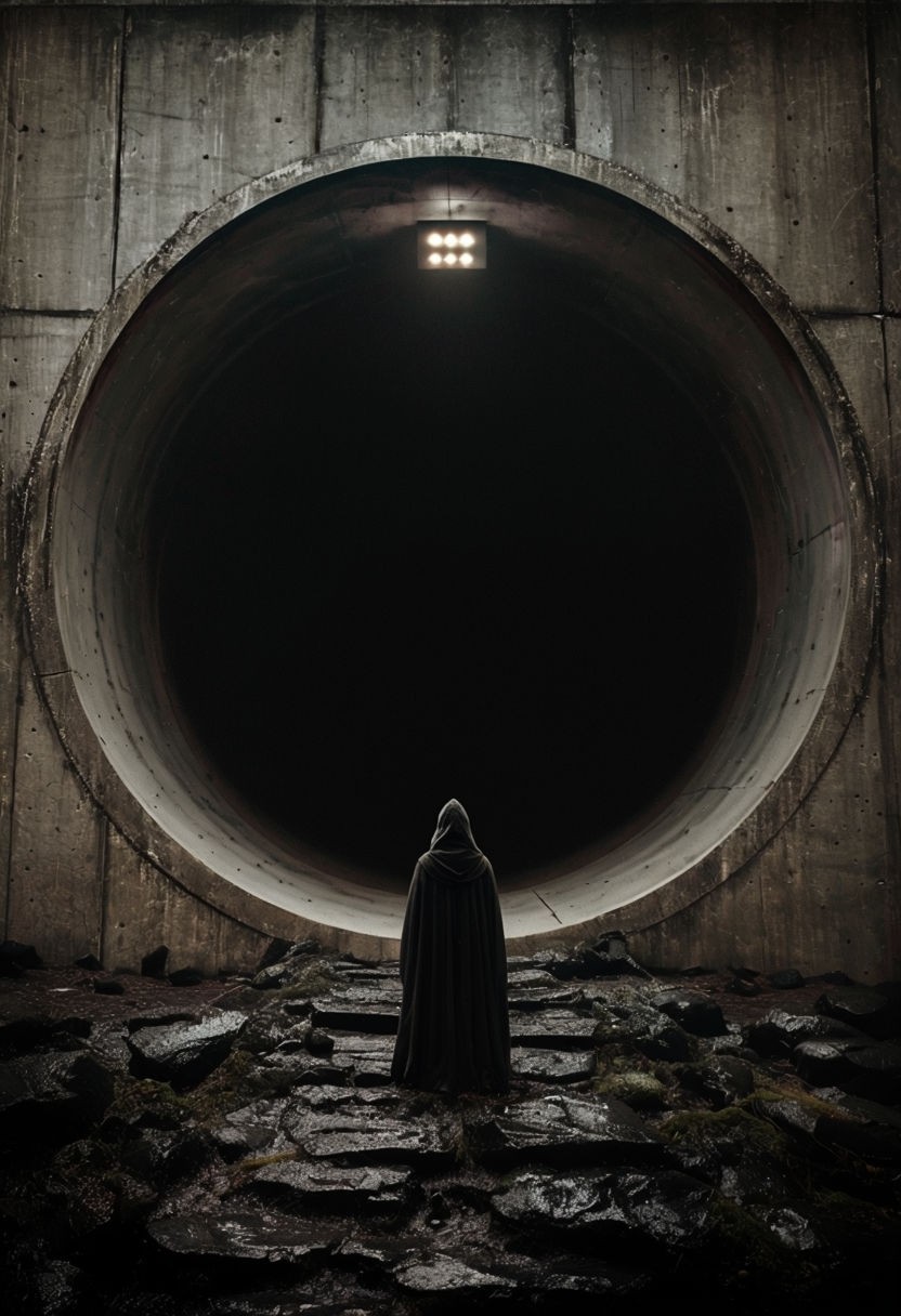 Mysterious Cloaked Figure in Dark Circular Tunnel Photograph