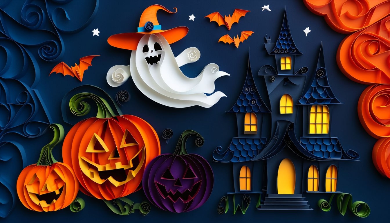 Vibrant Quilling Halloween Scene with Jack-o'-lanterns and Ghost Art