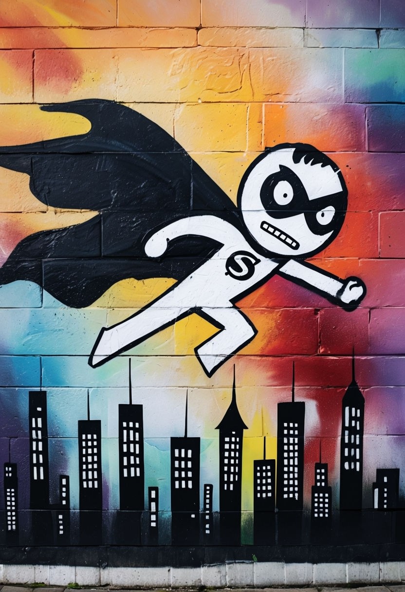 Dynamic Stick Figure Superhero Mural Art on Textured Brick Wall