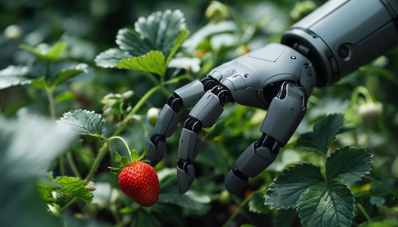 Robotic Hand Reaching for Ripe Strawberry in Lush Garden Photograph