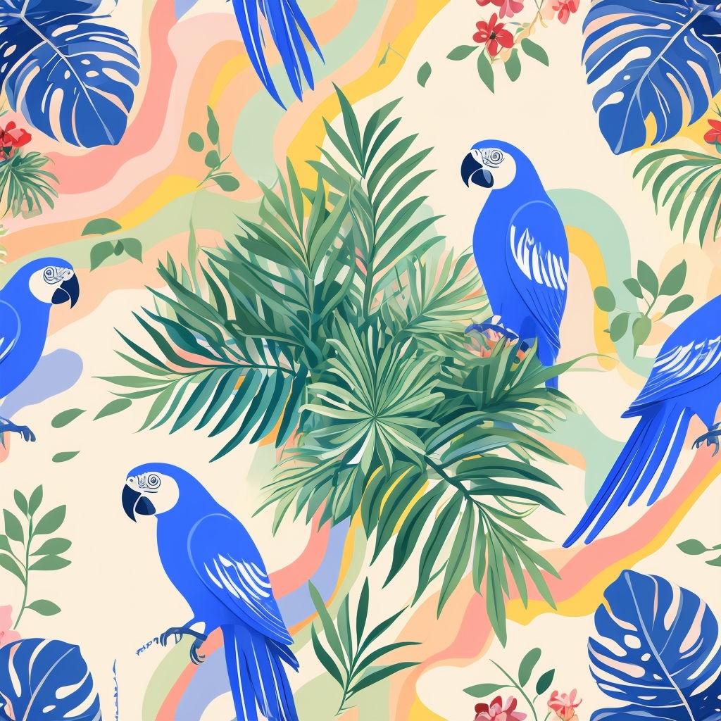 Vibrant Tropical Seamless Pattern with Blue Parrots and Monstera Leaves Seamless Pattern