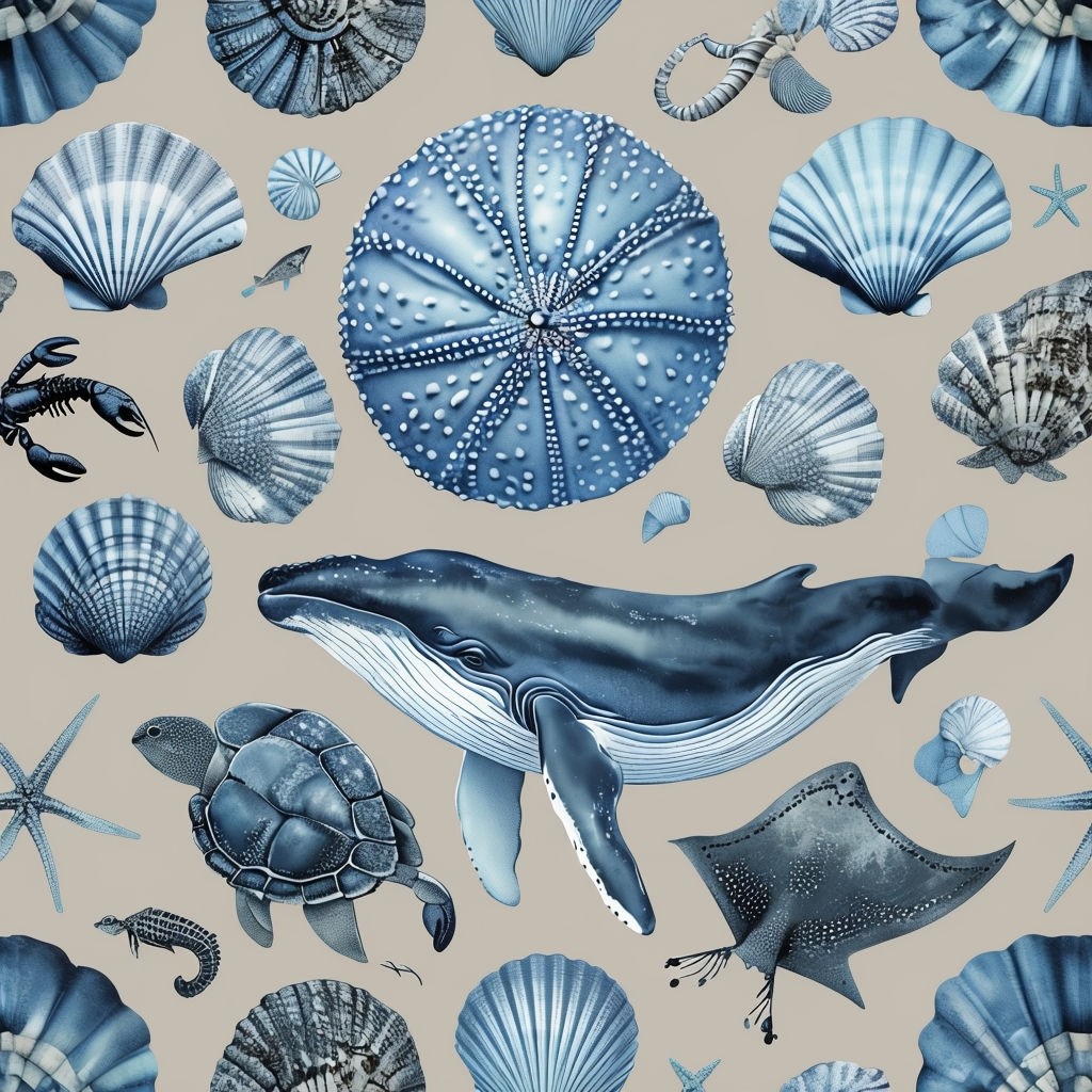 Whimsical Marine Life Seamless Pattern Design in Cool Blues and Beige Background Seamless Pattern