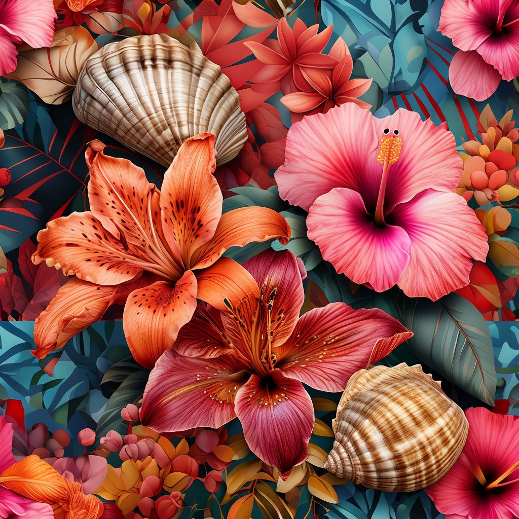 Vibrant Tropical Floral and Seashell Seamless Pattern Art