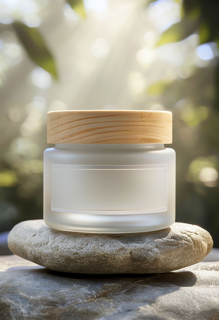 Frosted Glass Jar with Wooden Lid and Natural Background Mockup