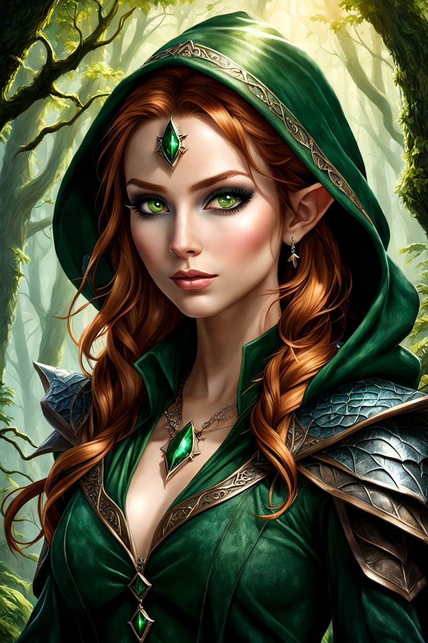 portrait of beautiful elf girl with red hair and green eyes and a beutiful  body