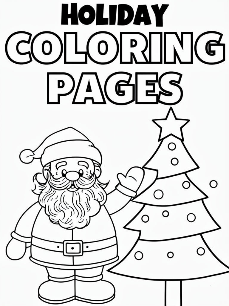 Festive Holiday Coloring Page with Santa and Christmas Tree Art