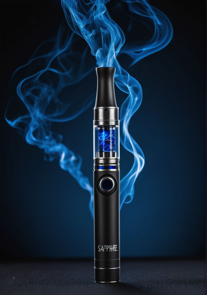 An electronic cigarette store banner, imposing in presence, acting as a magnetic unit in the network of thoughts for witnesses in the visual field, shrouded against a brooding obsidian background, veins of brilliant cobalt pulsate rhythmically throughout, highlighting the store name in electrifying strokes of sapphire, an alluring blend of neo-noir and contemporary taste, sleek, capillary structures of techno-blue detailing, oct