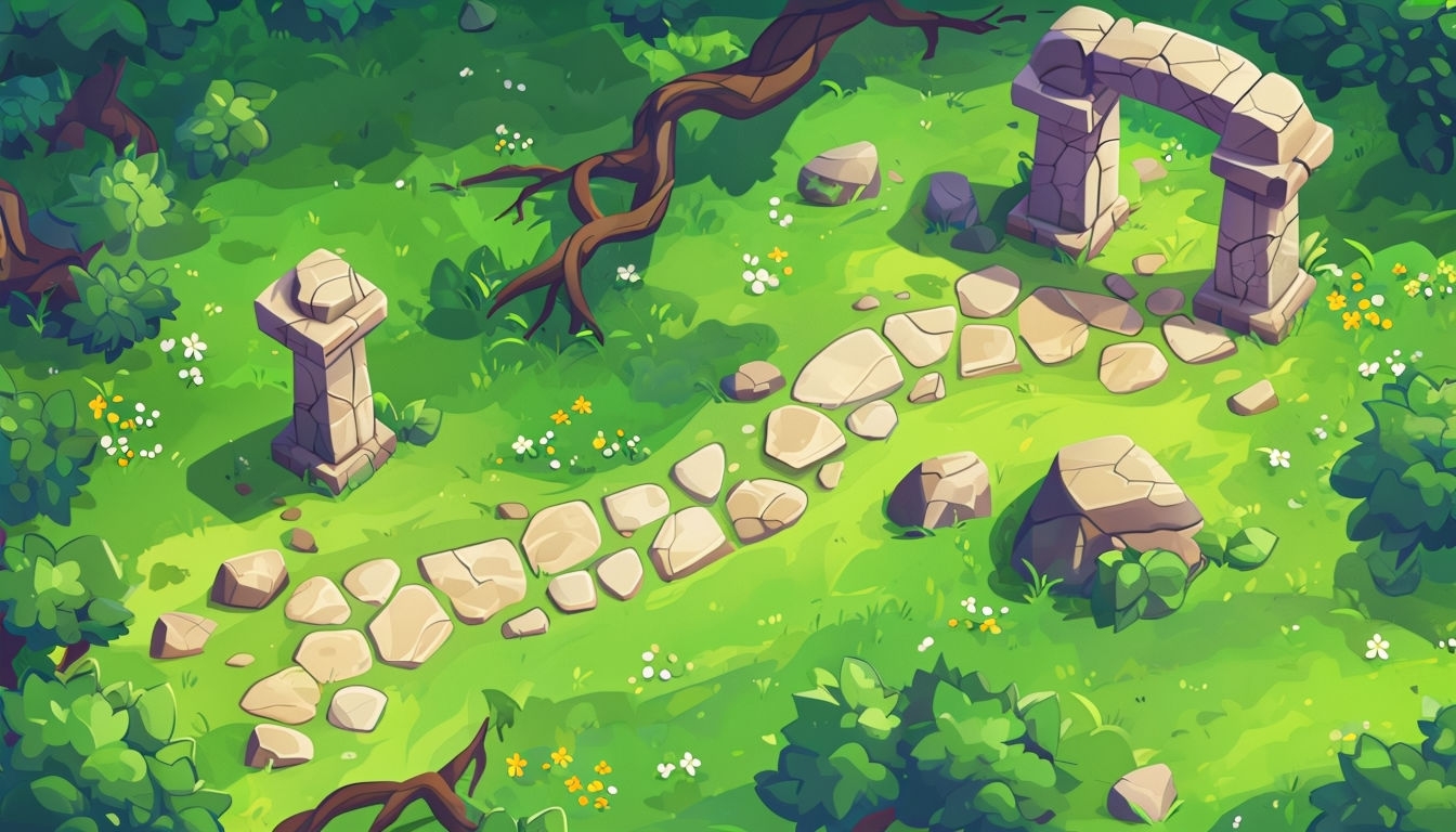 Serene Animated Nature Scene with Winding Stone Path Background